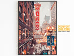 Poster di Chicago, stampa di luci natalizie invernali, insegna teatrale, regalo dello Stato dell'Illinois, foto di fiocchi di neve, luci di Capodanno, poster degli Stati Uniti