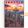 Poster di Seattle, nuvole al tramonto con effetto Vaporwave, poster retrò vibrante, Washington colorata, arte murale stampabile per viaggiatori del mondo