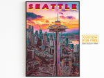 Poster di Seattle, nuvole al tramonto con effetto Vaporwave, poster retrò vibrante, Washington colorata, arte murale stampabile per viaggiatori del mondo