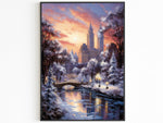 Poster invernale di New York, poster di Central Park, luci del tramonto, decorazioni per viaggiatori del mondo, regalo di Natale con dipinto a olio, nevicata estetica