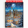 Poster natalizio vintage di Washington, notte di Seattle, arte invernale nostalgica, poster di viaggio regalo per Natale, luna piena, cielo stellato