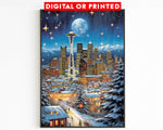 Poster natalizio vintage di Washington, notte di Seattle, arte invernale nostalgica, poster di viaggio regalo per Natale, luna piena, cielo stellato