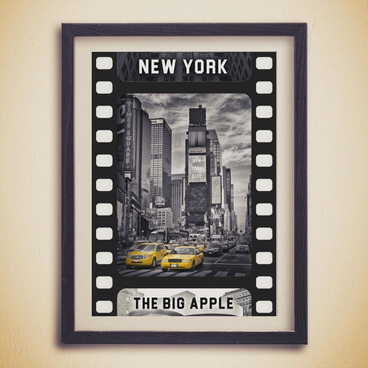 NYC Black & White Movie Tape Decor | Aesthetic Yellow Taxi Isolated Color | Poster